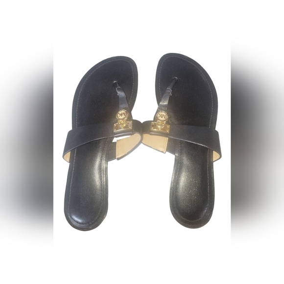 Michael Kors Black Leather Hamilton Women's Sandals with Gold MK Locket 8M/38.5 - Picture 11 of 11